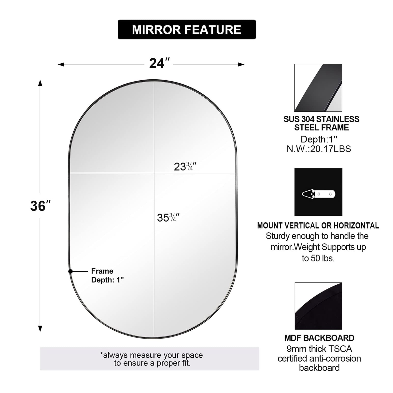 ANDY STAR 24 x 36 Inch Oval Hanging Deep Metal Frame Wall Mirror, Matte Black - VMInnovations