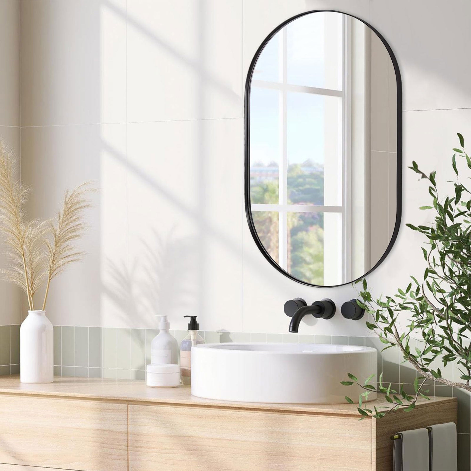 ANDY STAR 24 x 36 Inch Oval Hanging Deep Metal Frame Wall Mirror, Matte Black - VMInnovations