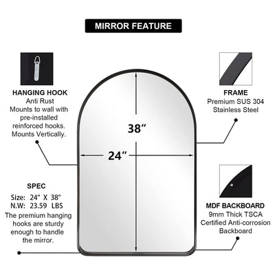 ANDY STAR 24 x 38 Inch Wall Mounted Metal Frame Arched Vanity Mirror, Black
