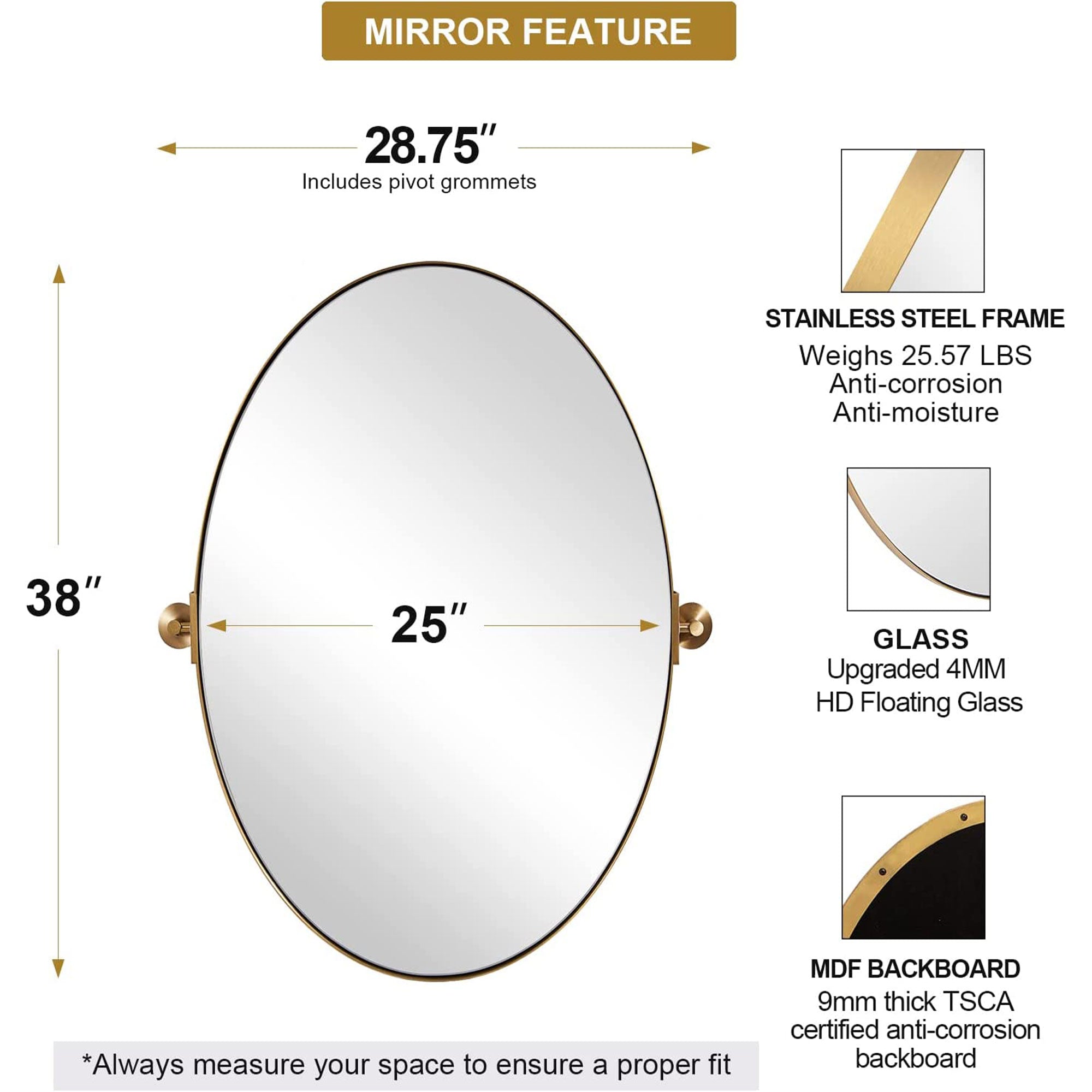 ANDY STAR 25 x 38 Oval Pivoting Adjustable Vanity Mirror w/Steel Frame(Open Box) - VMInnovations