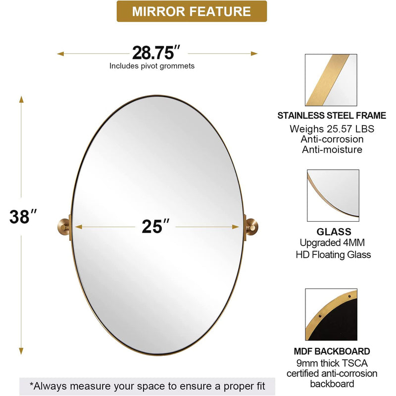ANDY STAR 25 x 38 In Oval Adjustable Vanity Mirror w/ Steel Frame, Gold (Used)