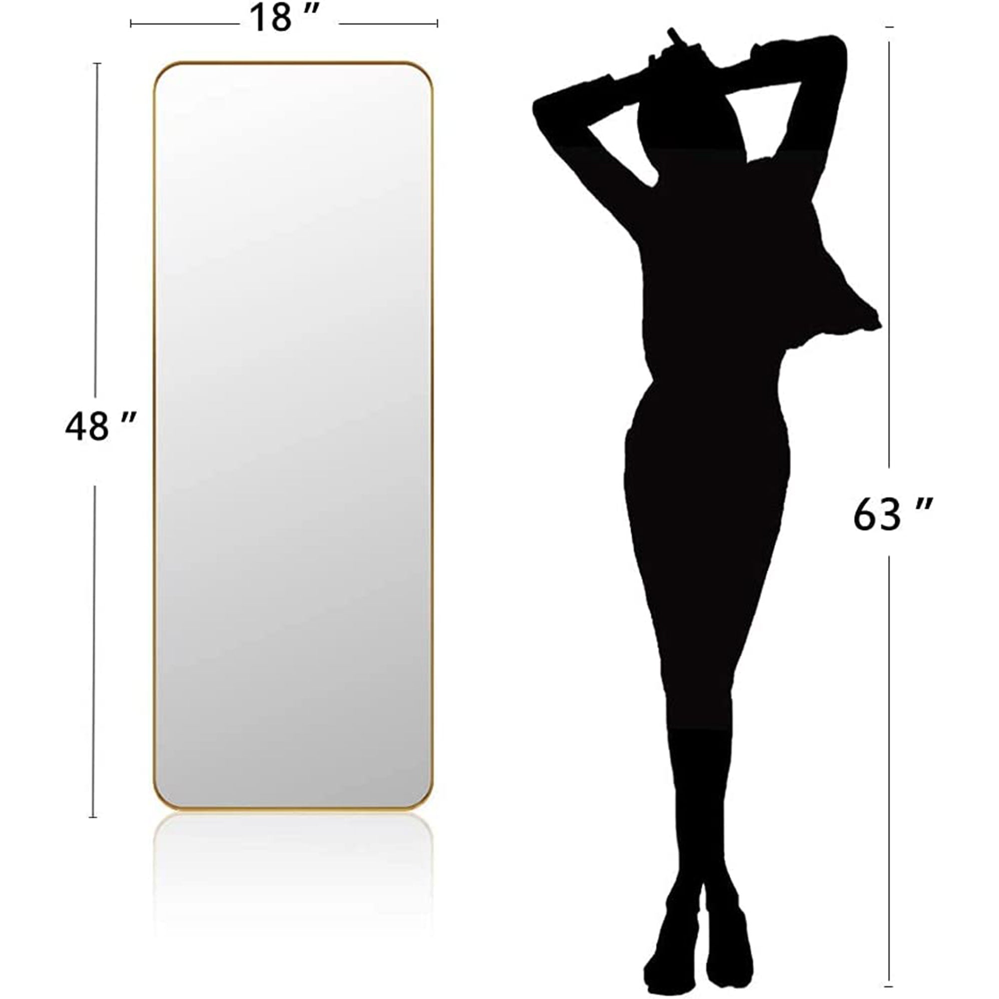 Modern 18 x 48 Inch Rectangular Full Body Length Mirror, Brushed Gold (Open Box) - VMInnovations