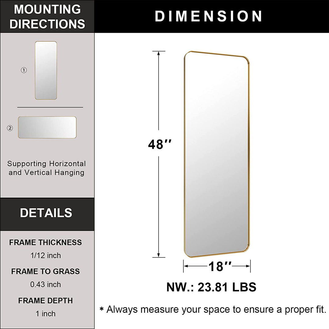 Modern 18 x 48 Inch Rectangular Full Body Length Mirror, Brushed Gold (Open Box)