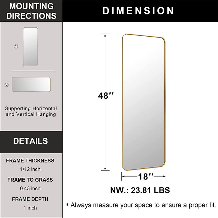 Modern 18 x 48 Inch Rectangular Full Body Length Mirror, Brushed Gold (Open Box)