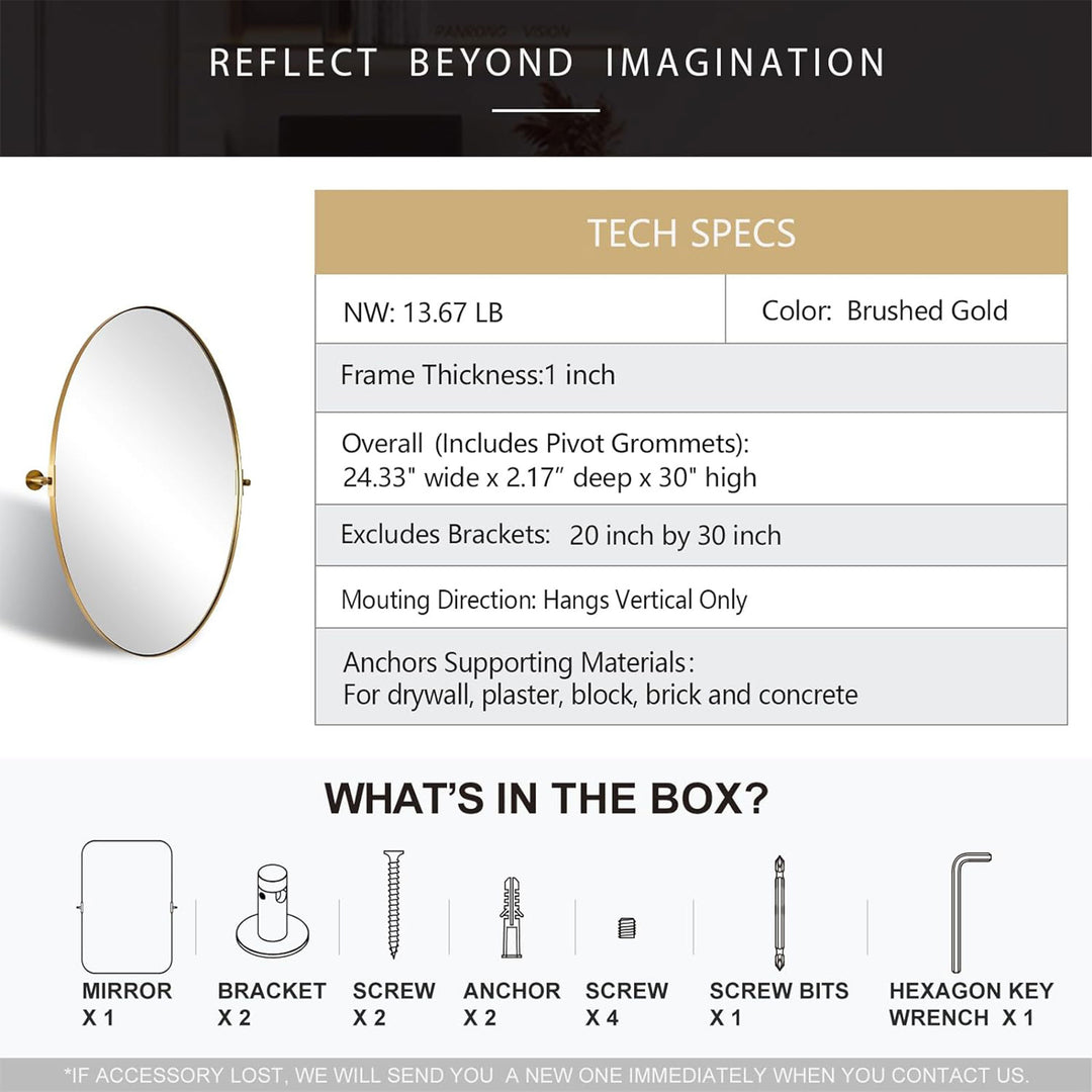 ANDY STAR 20" x 30" Oval Shaped Tilting Modern Vanity Mirror, Brushed Gold(Used) - VMInnovations