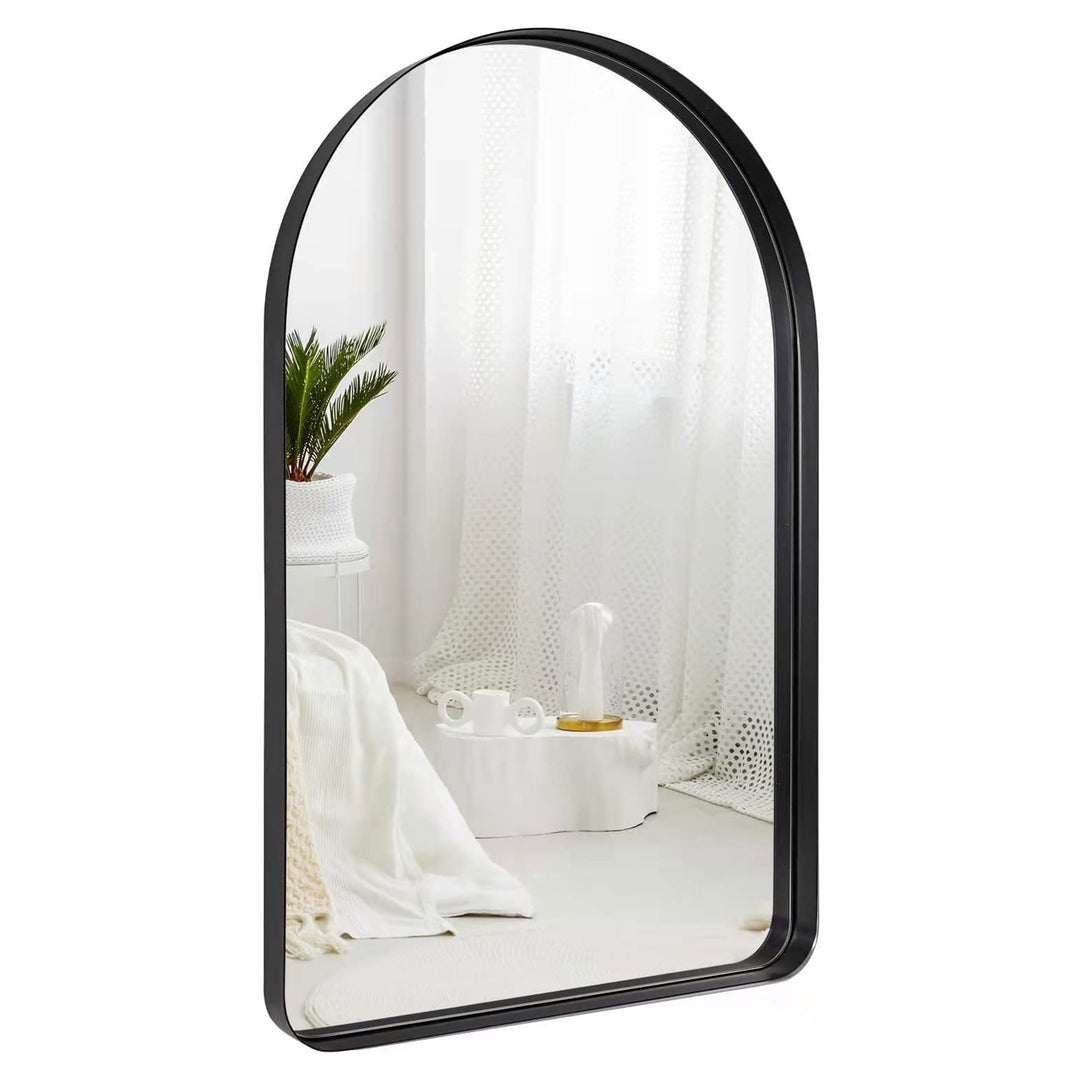 22 x 35 x 2 Inch Wall Mounted Metal Frame Arched Vanity Mirror, Black (Used)