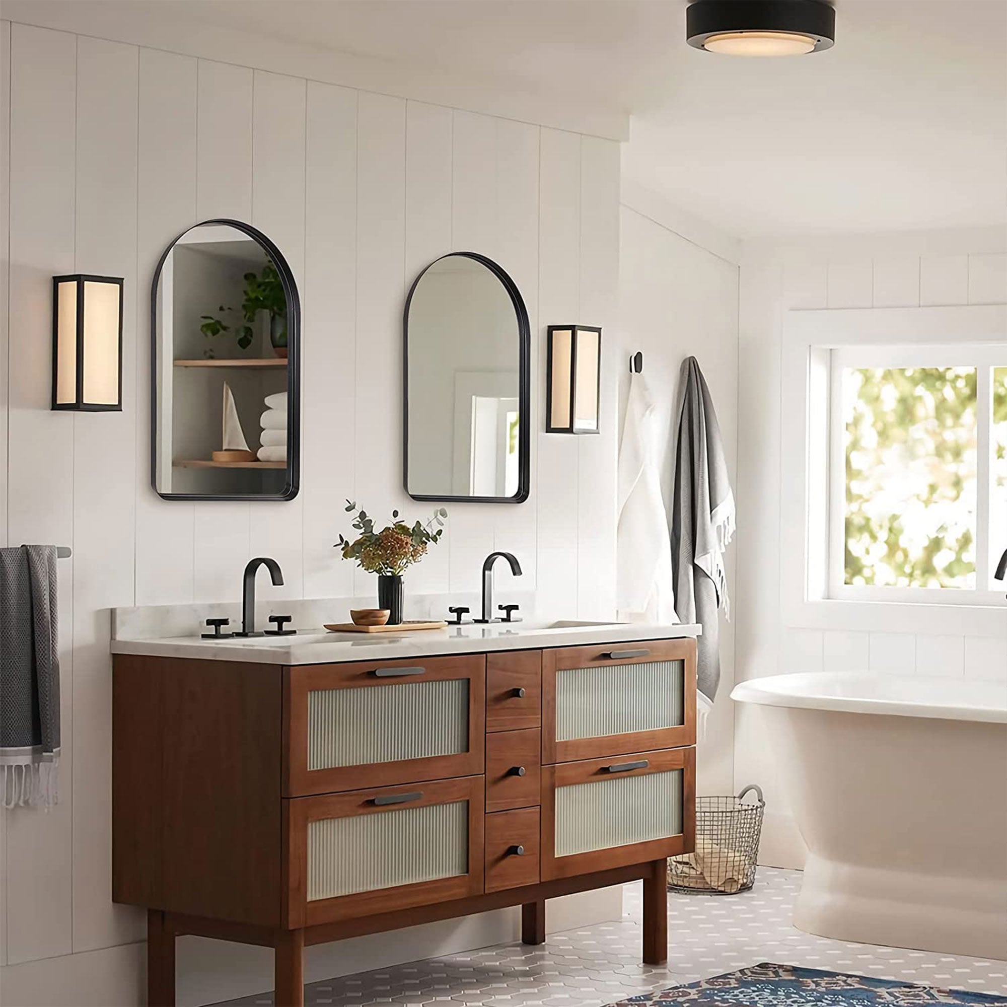 22 x 35 x 2 Inch Wall Mounted Metal Frame Arched Vanity Mirror, Black (Used) - VMInnovations
