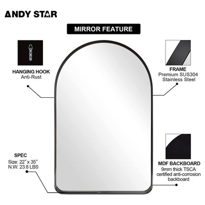 ANDY STAR 22 x 35 x 2 Inch Wall Mounted Arched Vanity Mirror, Black (Open Box) - VMInnovations