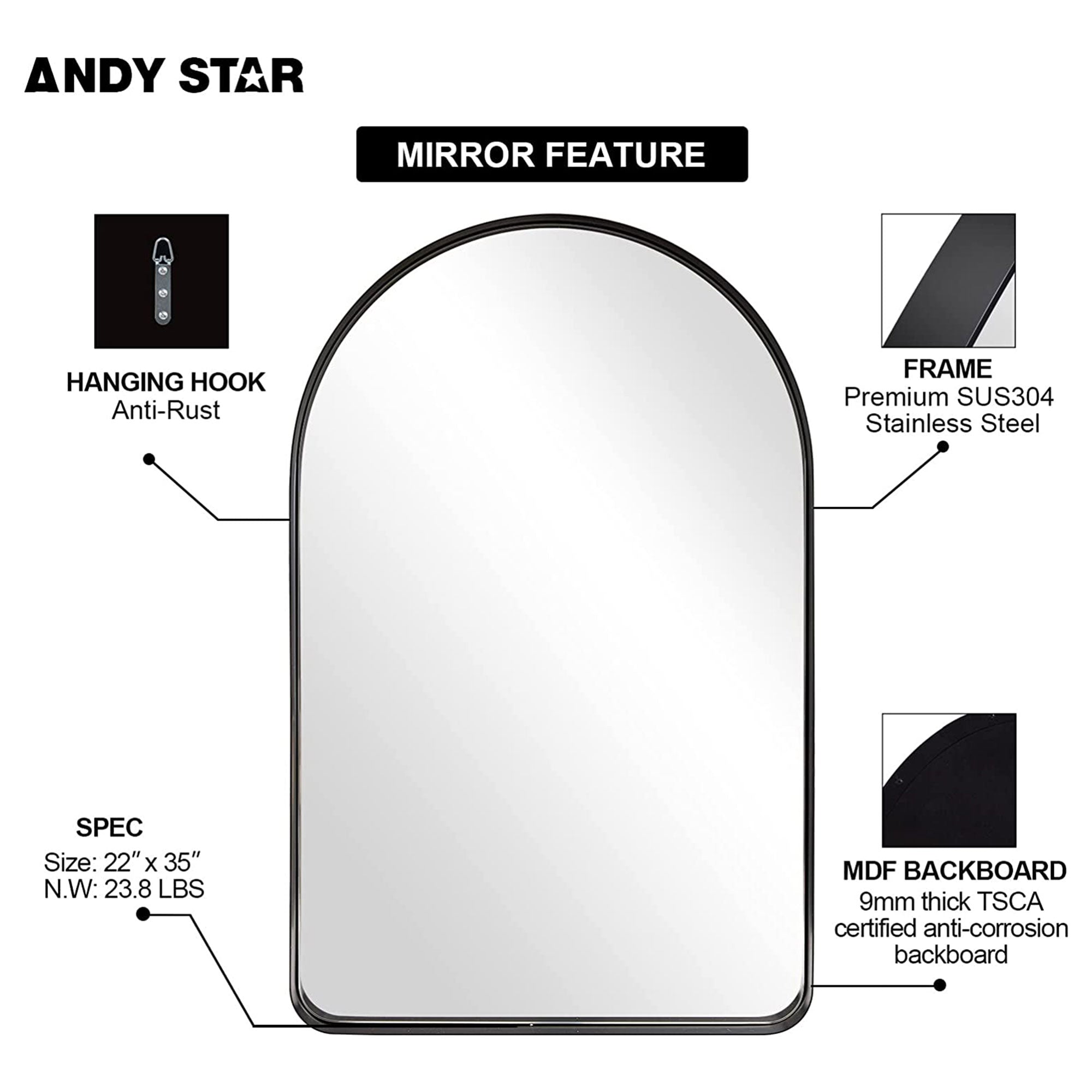 22 x 35 x 2 Inch Wall Mounted Metal Frame Arched Vanity Mirror, Black (Used) - VMInnovations
