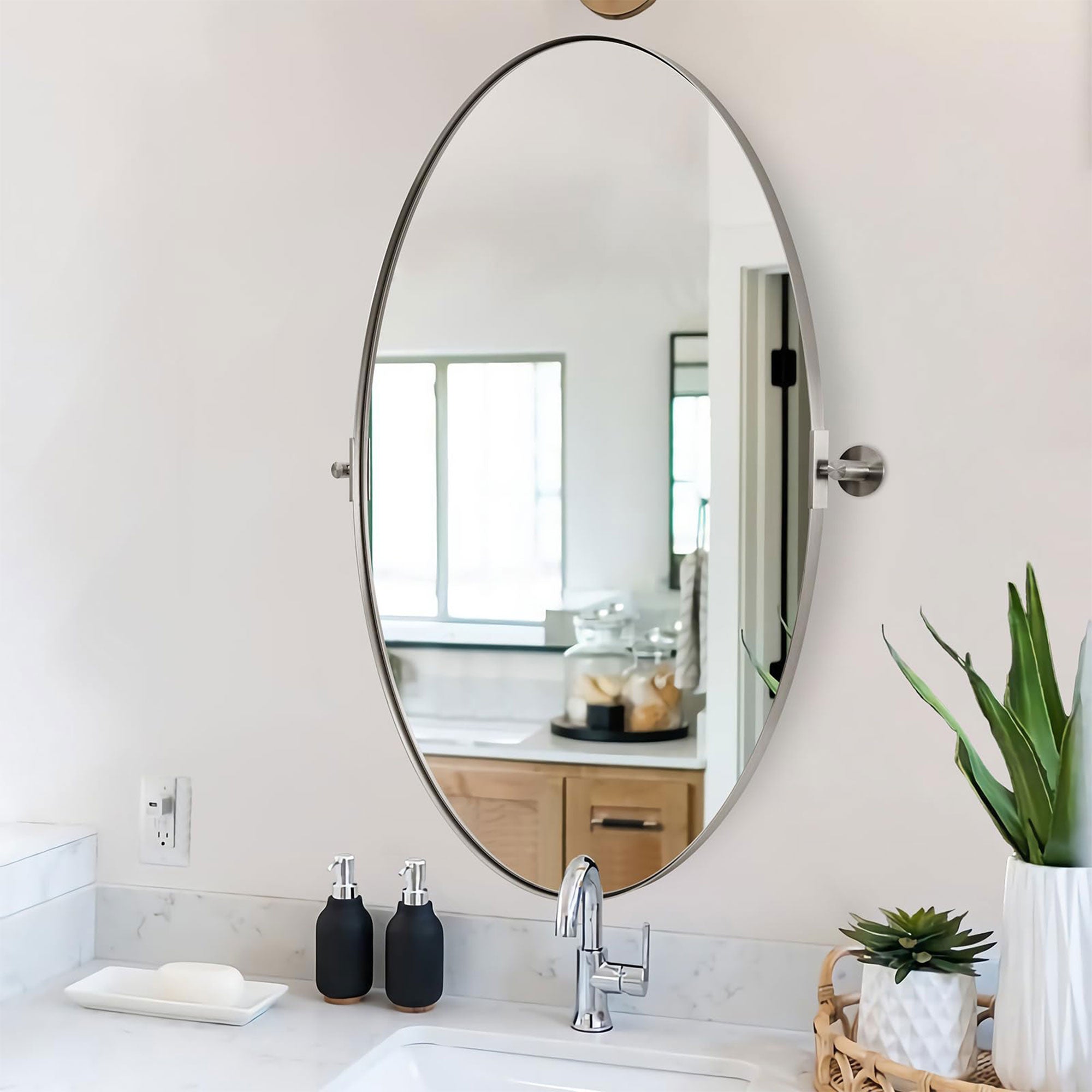 ANDY STAR Modern 22x34" Oval Hanging Bathroom Mirror, Brushed Nickel (Open Box) - VMInnovations