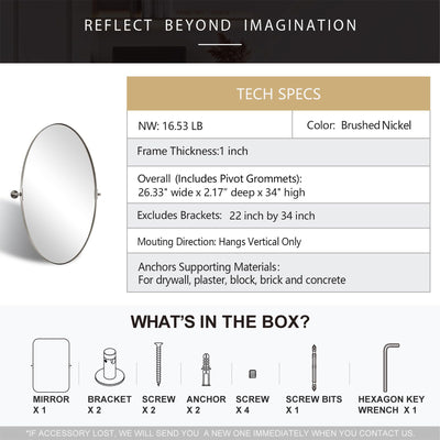 ANDY STAR Modern 22"x34" Oval Wall Hanging Bathroom Mirror, Brushed Nickel(Used) - VMInnovations