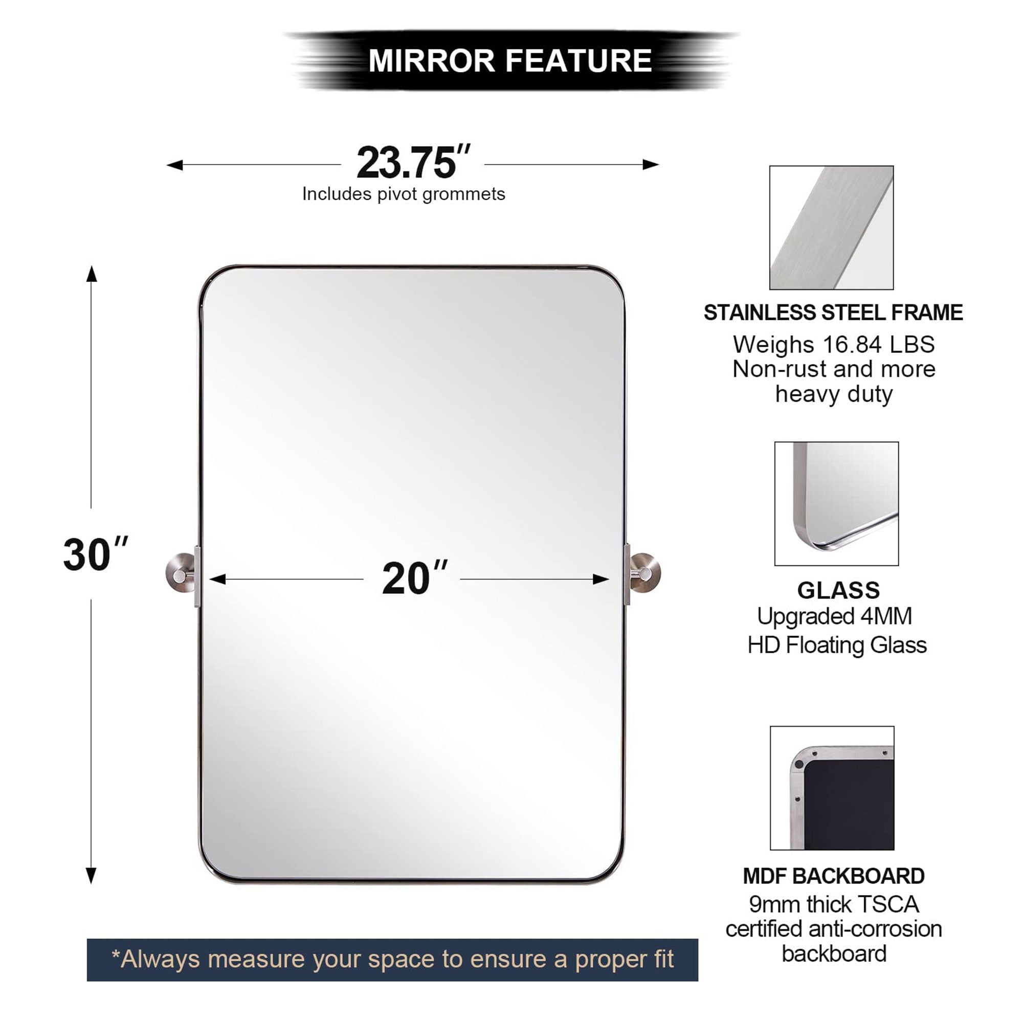 ANDY STAR 20 x 30 In Rectangular Tilting Modern Vanity Mirror, Nickel (Open Box) - VMInnovations