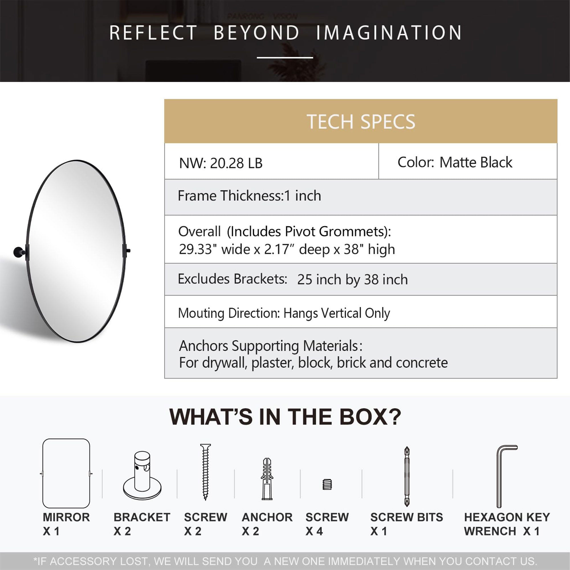 ANDY STAR Modern 25x38 In Oval Wall Hanging Bathroom Mirror, Black (Open Box) - VMInnovations
