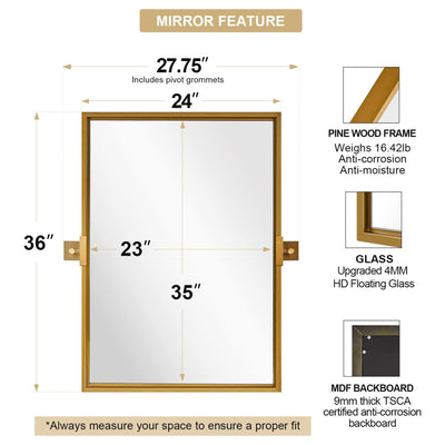 Moon Mirror 24"x36" Pivoted Rectangular Wall Mounted Vanity Mirror, Gold (Used) - VMInnovations