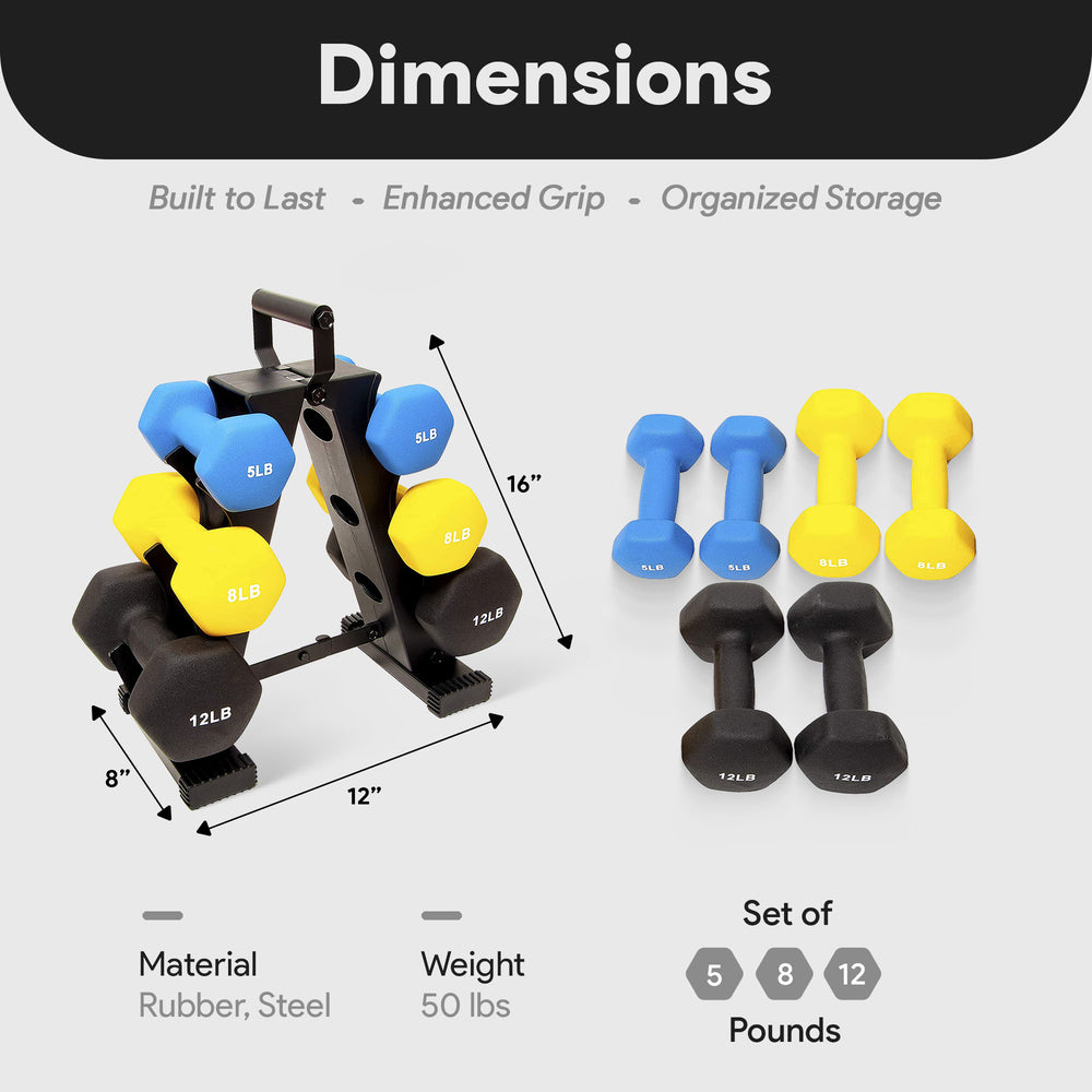 BalanceFrom Fitness 5, 8, and 12 Pound Neoprene Coated Dumbbell Set with Stand - VMInnovations