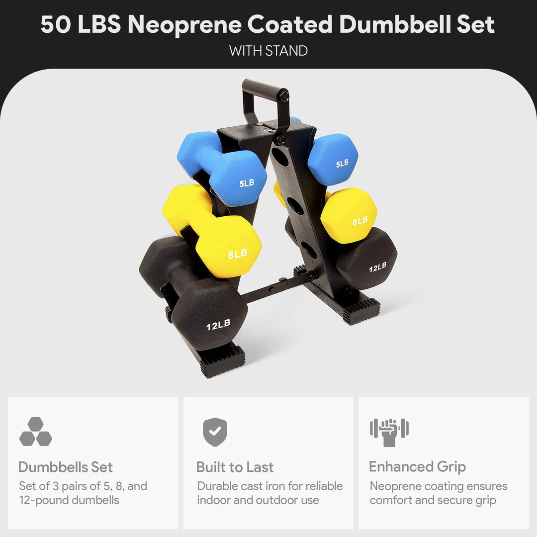 BalanceFrom Fitness 5, 8, and 12 Pound Neoprene Coated Dumbbell Set with Stand - VMInnovations