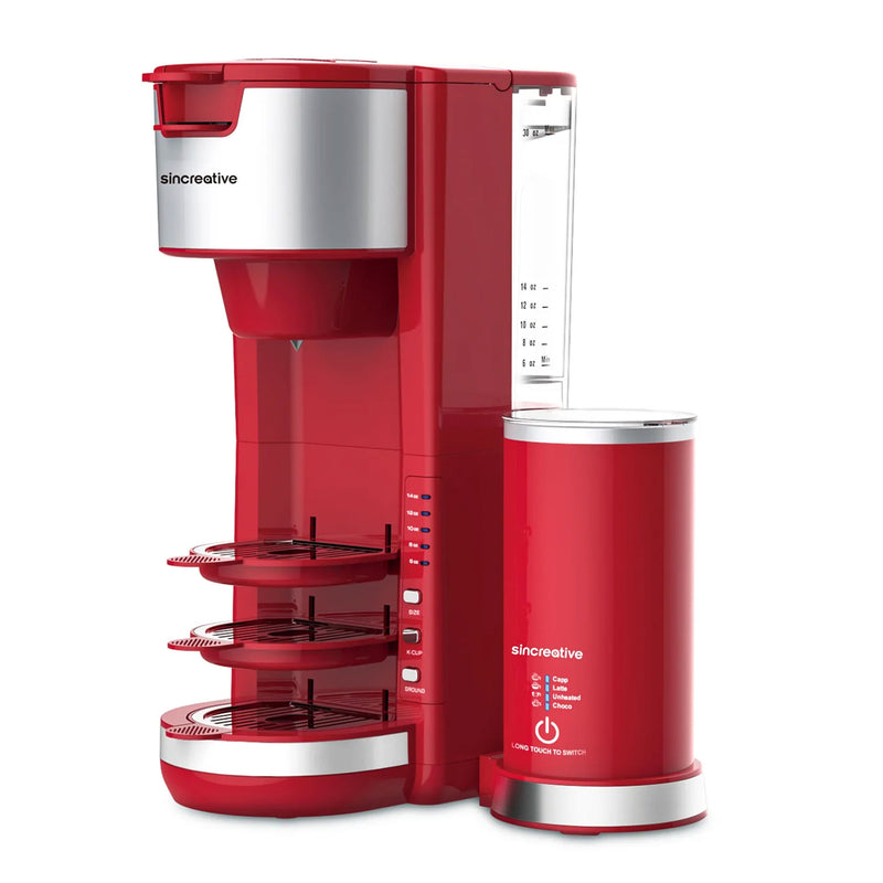 Single Serve Coffee Maker Cappuccino Machine with Milk Frother, Red (Open Box)