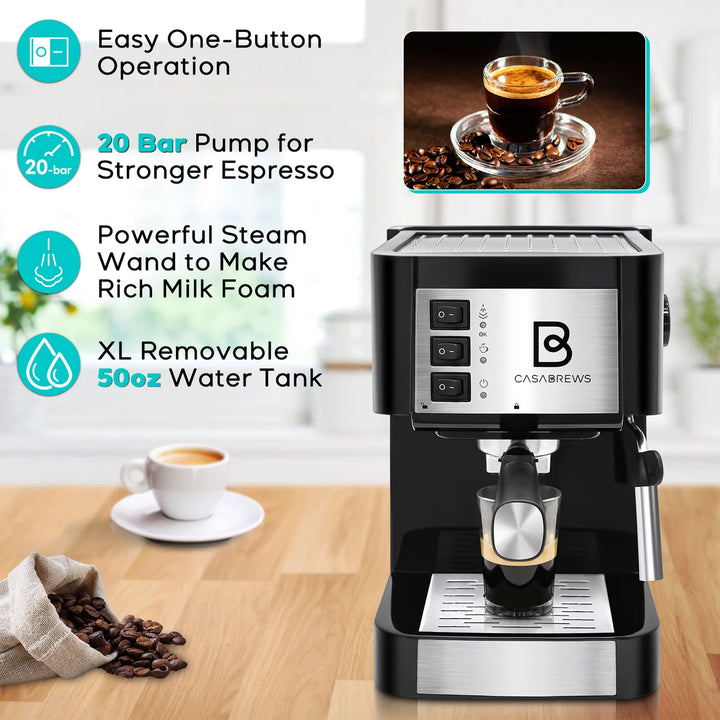 Casabrews Compact Espresso Coffee Machine with Milk Frother Wand, Black & Silver