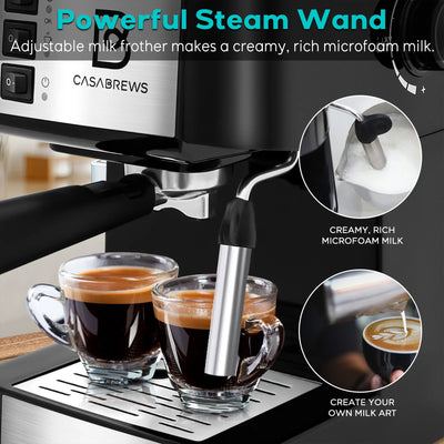 Casabrews Compact Espresso Coffee Machine with Milk Frother Wand, Black & Silver - VMInnovations