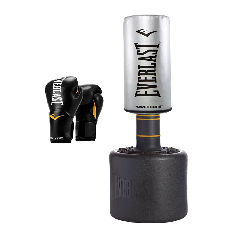 Everlast Powercore Standing Training Bag + Elite Boxing Gloves, Size 14, Black