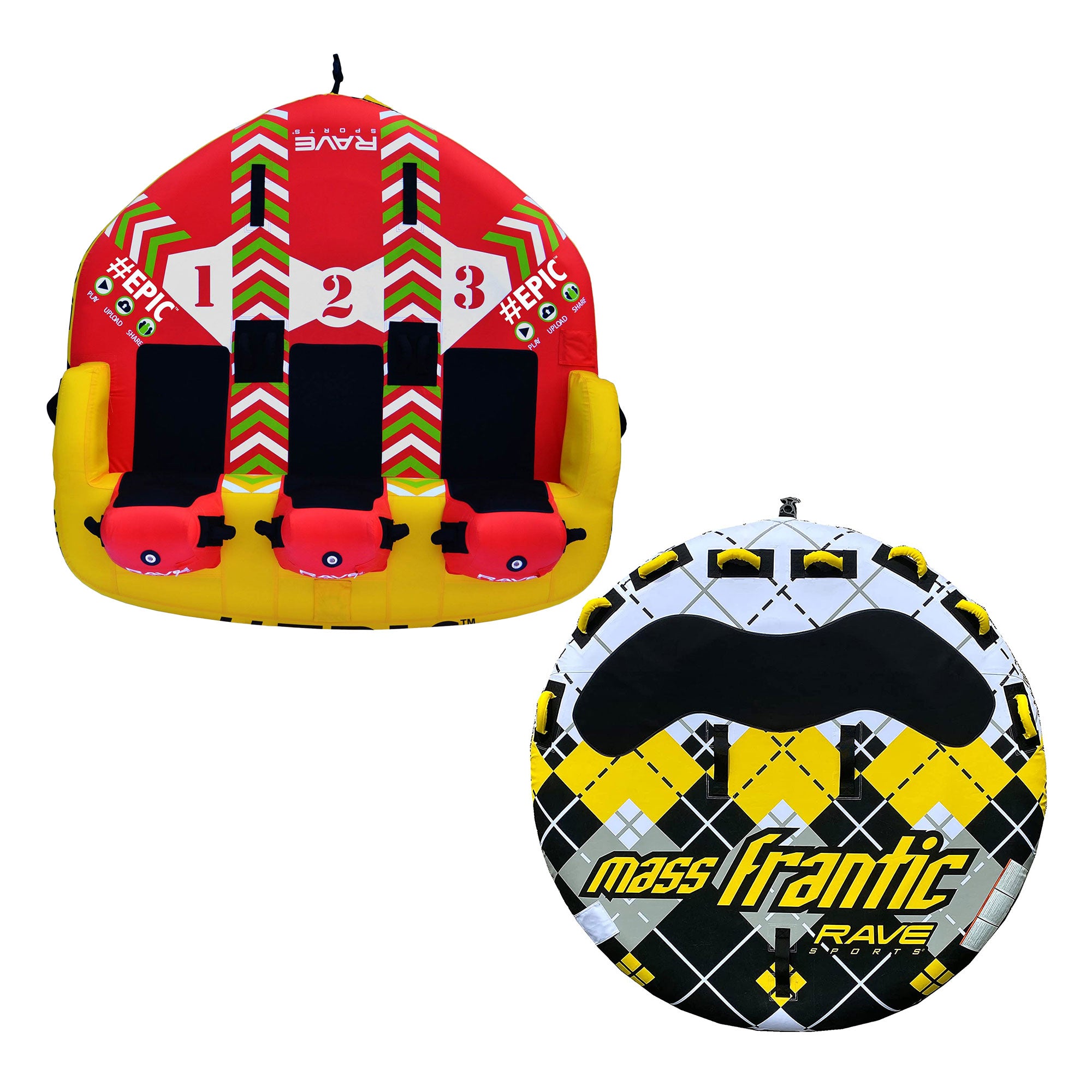 RAVE Sports Mass Frantic 4 Rider Boat Innertube + Epic 3 Rider Inflatable Tube