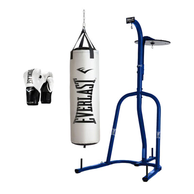 Everlast Dual Heavy Bag Stand, 70 Pound Heavy Bag, and Pro Style Gloves, White