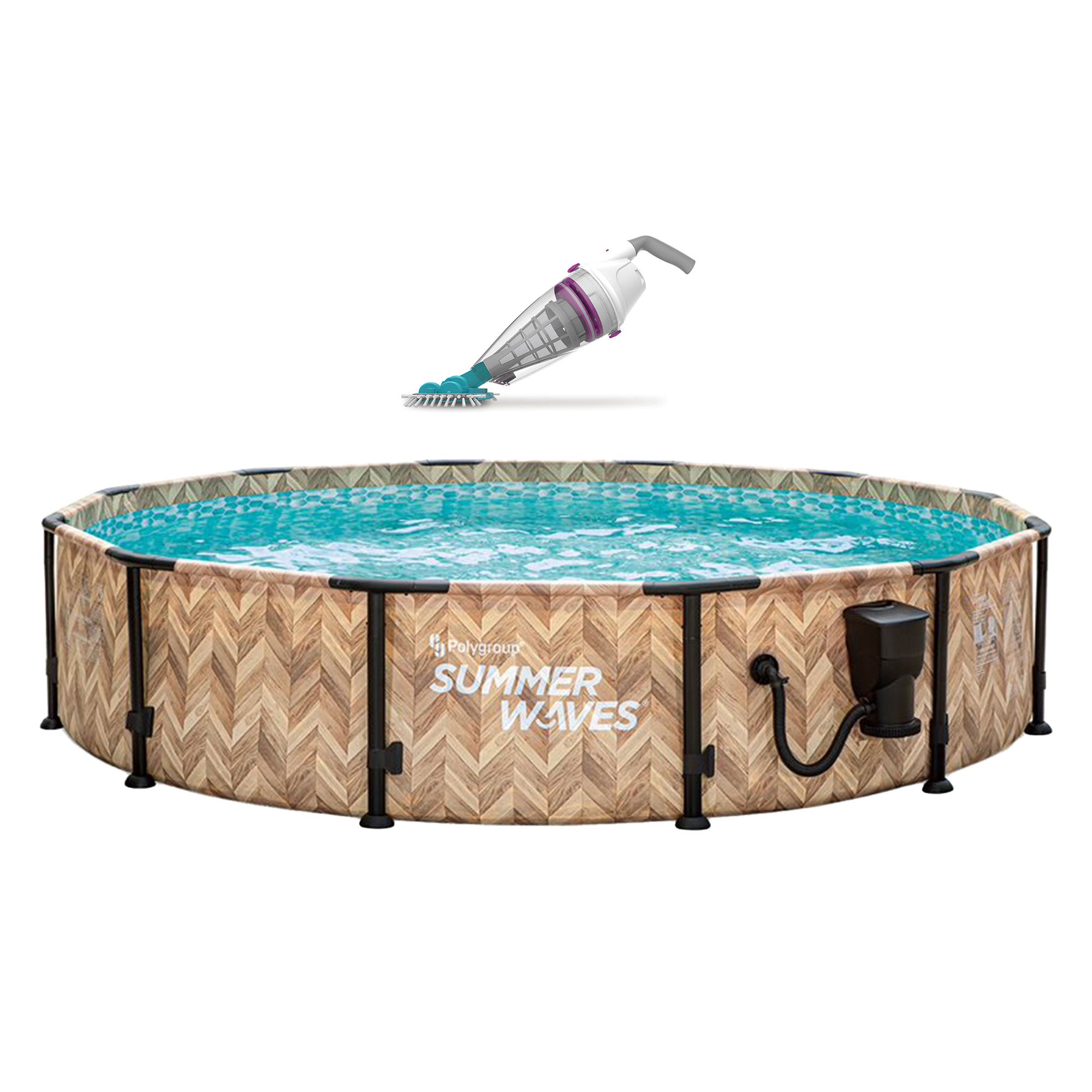 Kokido Telsa 50 Rechargeable Handheld In or Above Ground Pool Spa Vacuum Cleaner + Summer Waves Elite 12' x 30" Round Above Ground Swimming Pool w/Pump, Light Oak