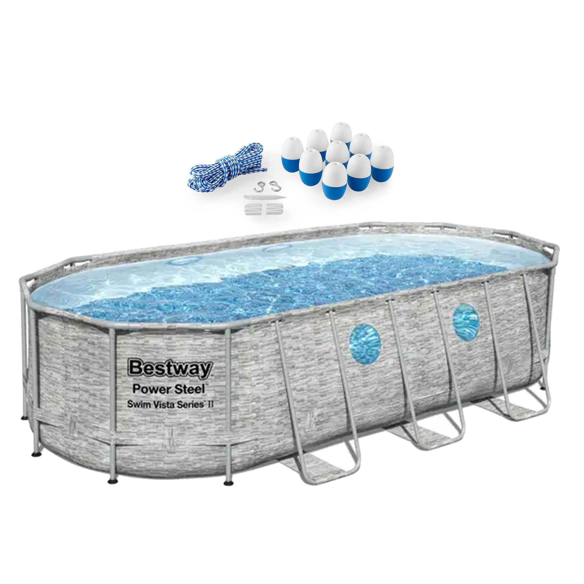 Kokido K675PBH Safety Float Line with 20-Foot Adjustable Rope and Float Kit  + Bestway Power Steel Swim Vista 18' x 9' x 48" Above Ground Swimming Pool Set - VMInnovations