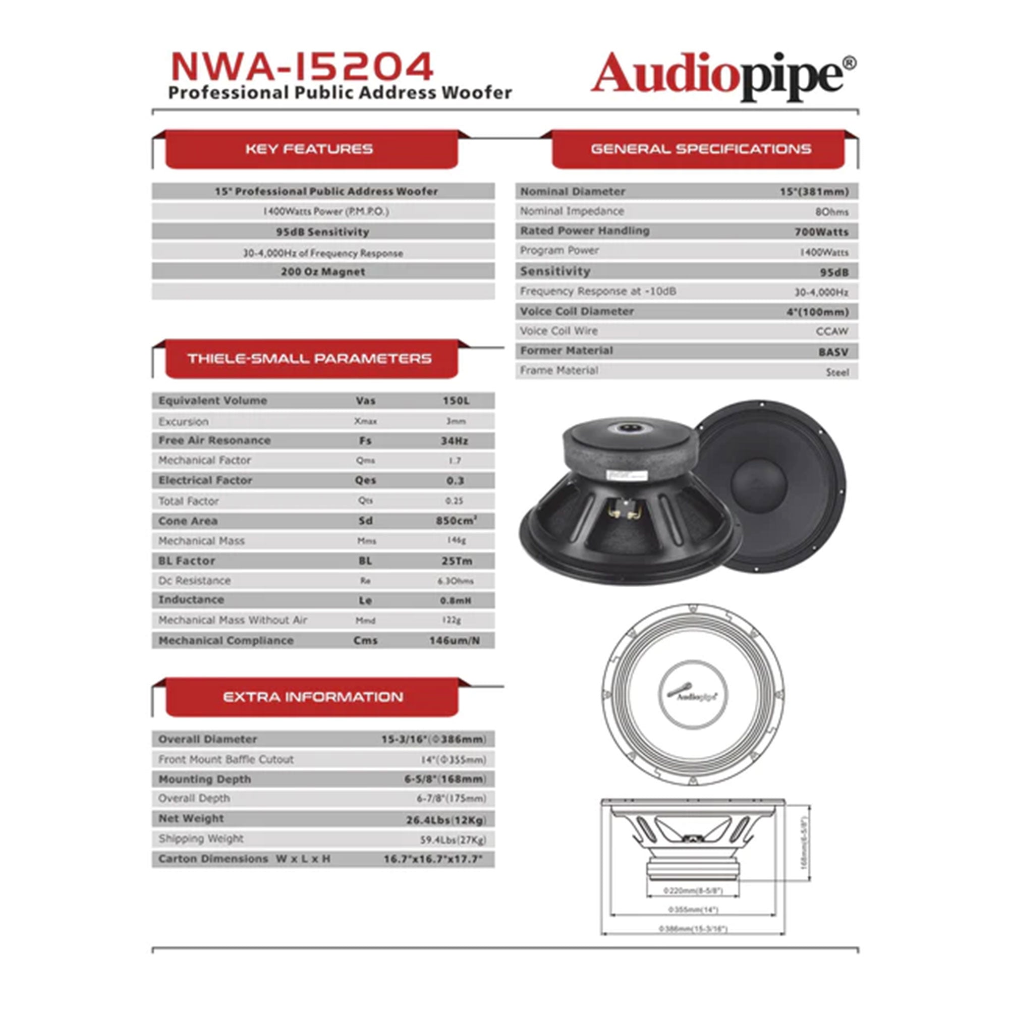 AudioPipe NWA-15204 15 Inch 1400 Watt 8 Ohm Pro Car Audio Subwoofer Loudspeakers