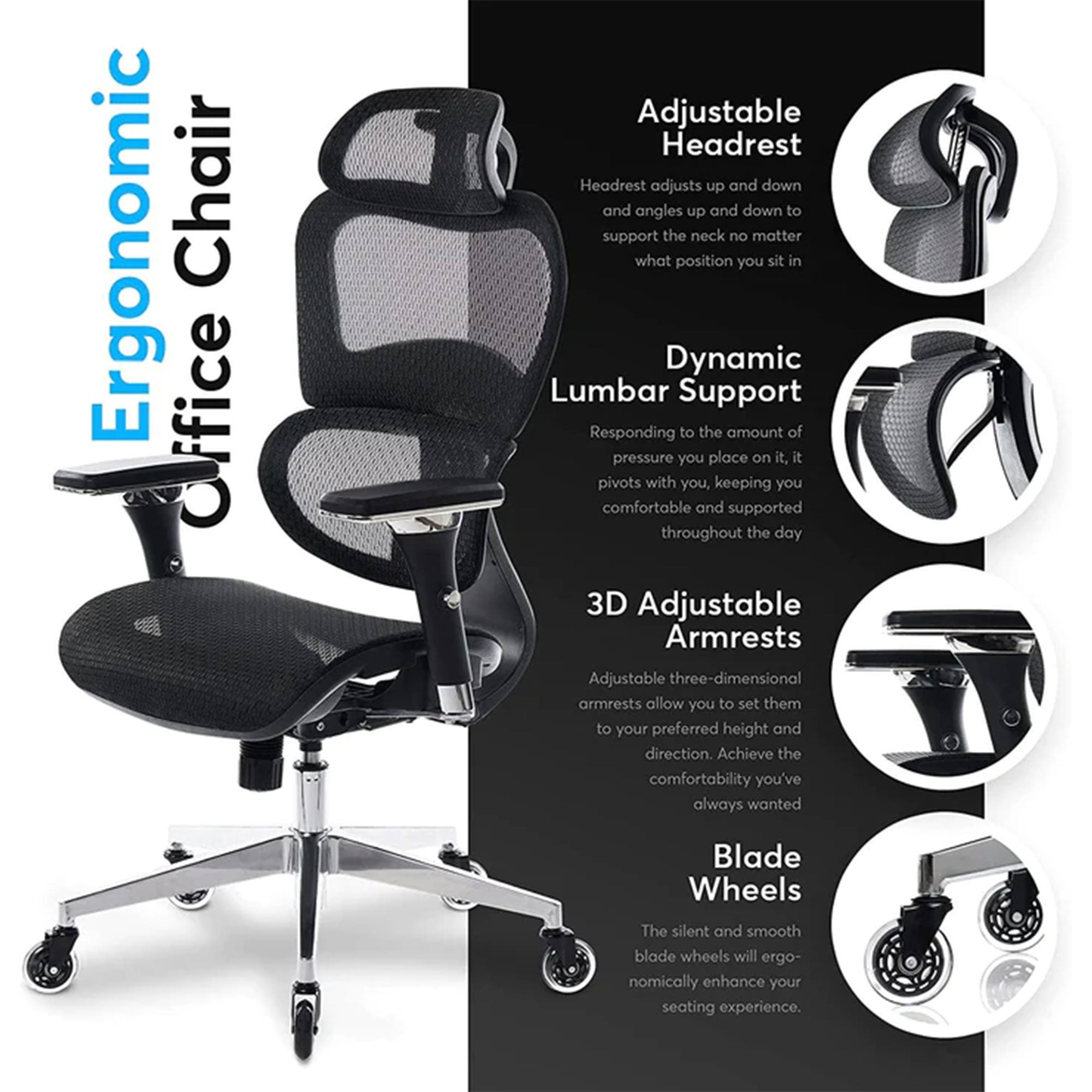 Oline ErgoPro Ergonomic Office Chair with Breathable Mesh Material (Open Box) - VMInnovations