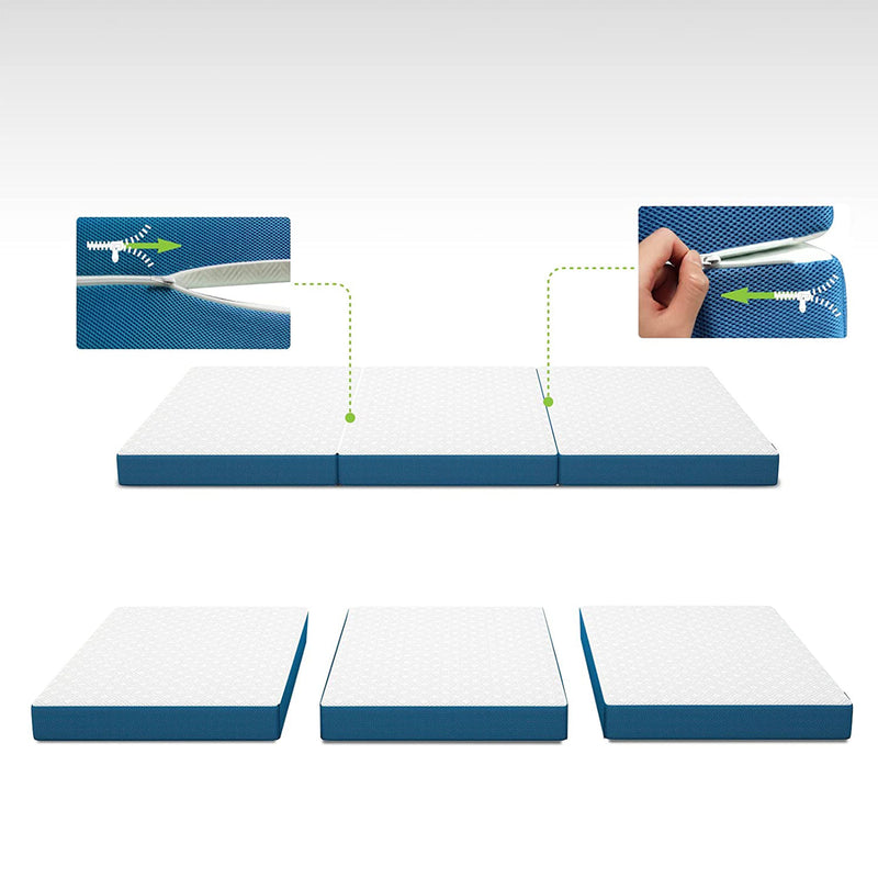 FlexPedic Detachable Tri-Folding Memory Foam Mattress Topper, Queen 4 Inch, Blue