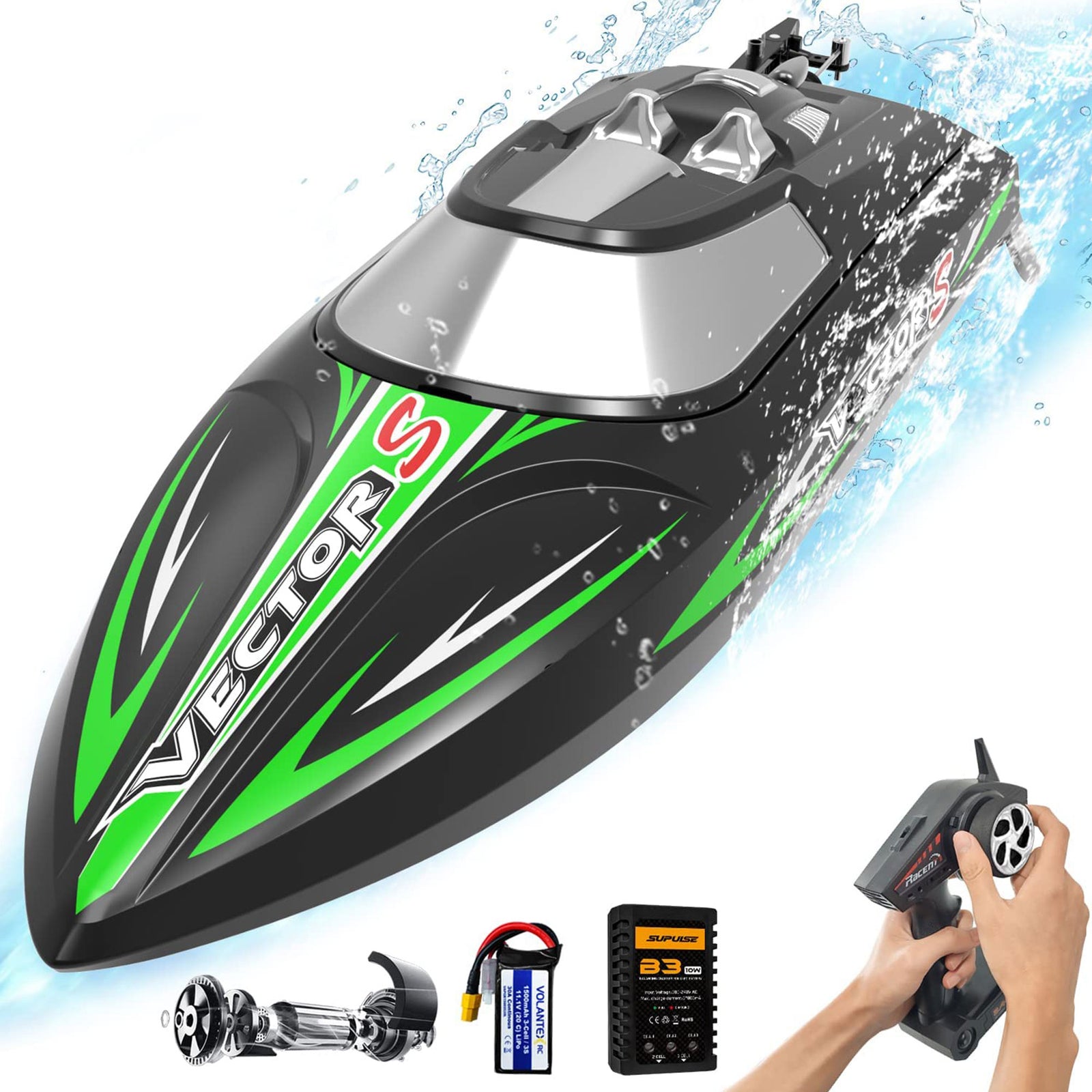 VectorS 30 MPH Remote Control Outdoor Electric Racing Boat, Black (Used) - VMInnovations