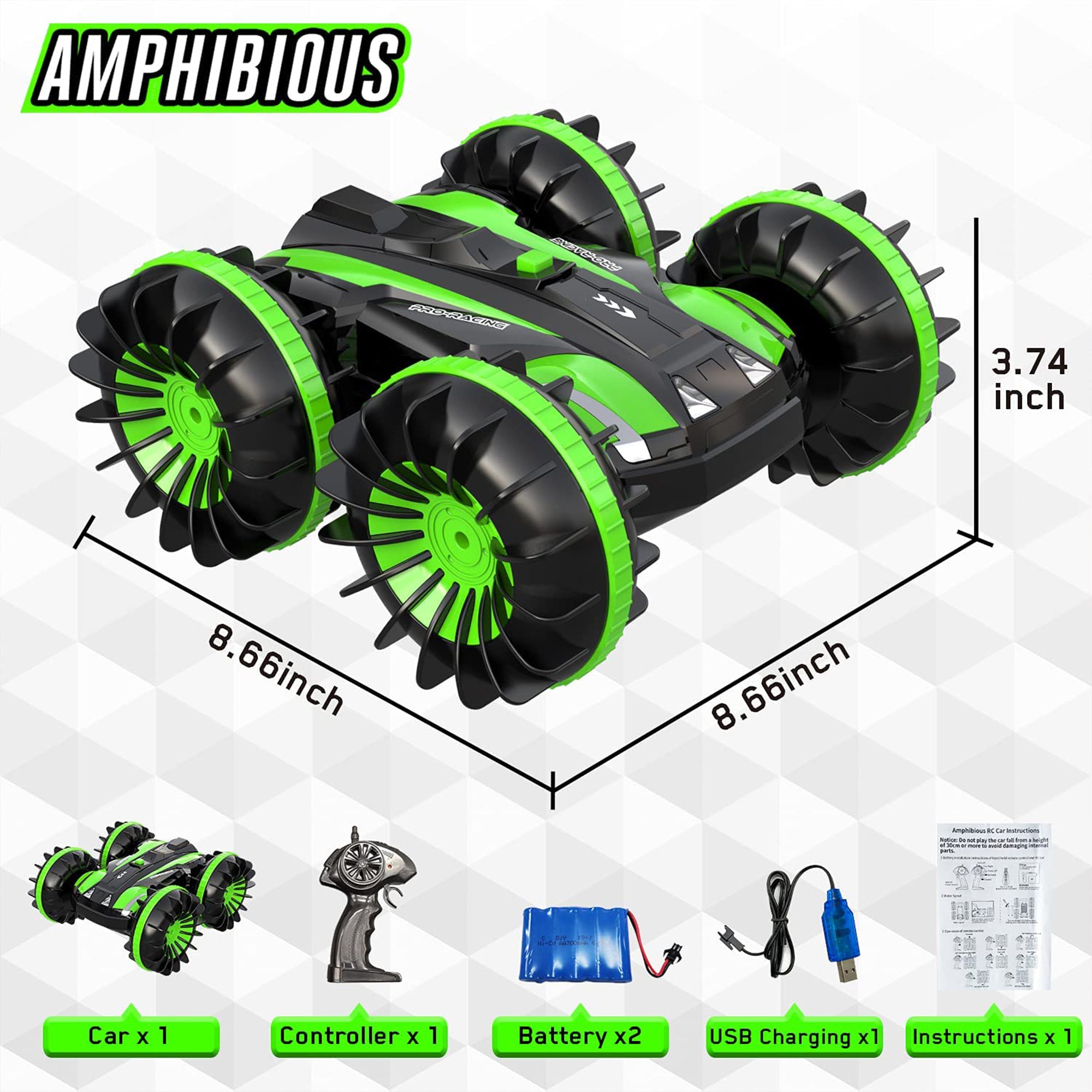 Amphibious Reversible All Terrain Remote Control Stunt Car, Green (Used) - VMInnovations