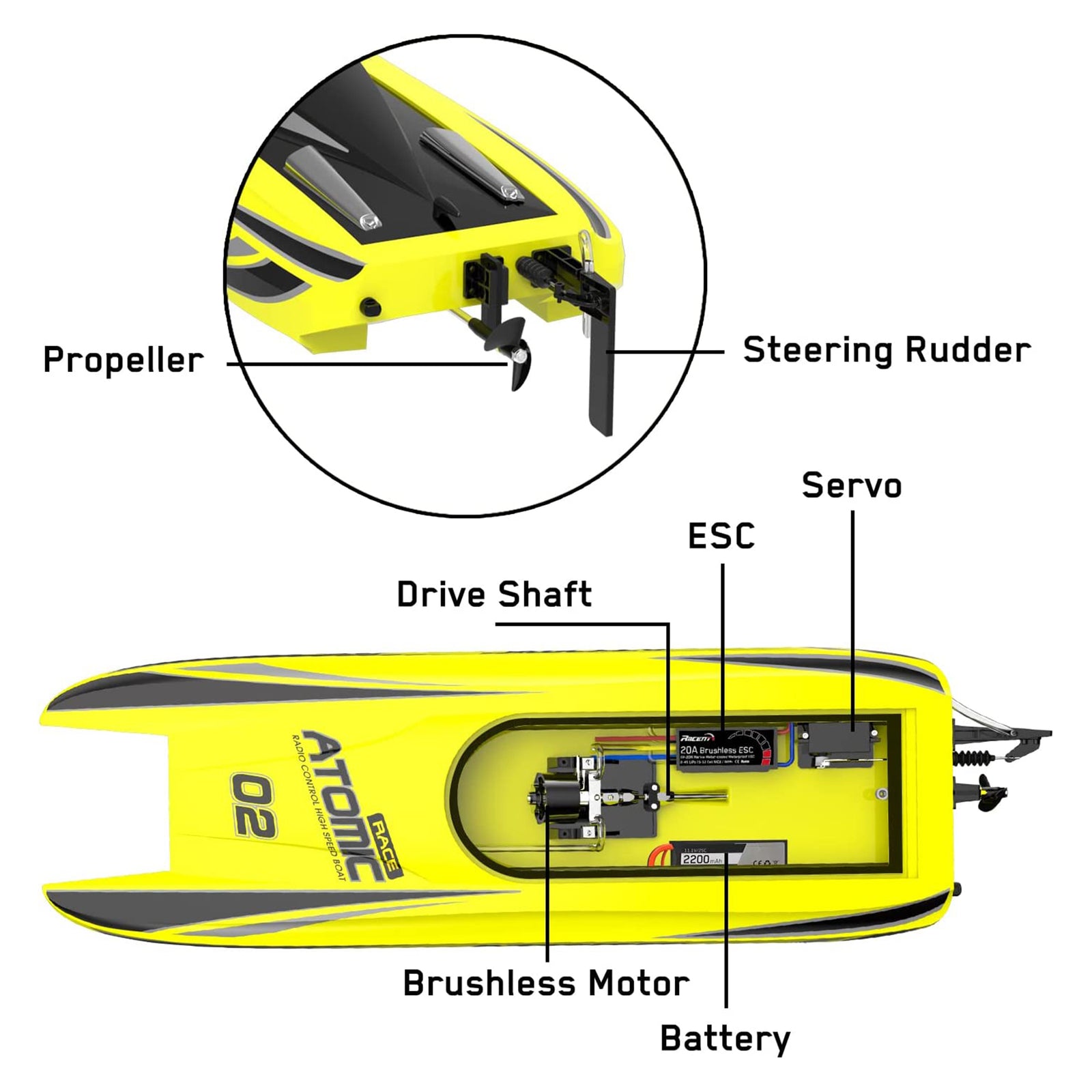 Atomic Brushless Remote Control Outdoor Electric Racing Boat, Yellow (Used) - VMInnovations