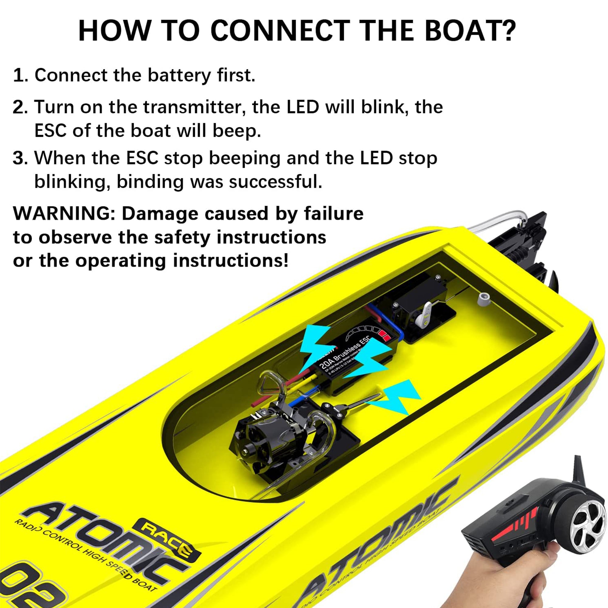 Atomic Brushless Remote Control Outdoor Electric Racing Boat, Yellow (Used) - VMInnovations