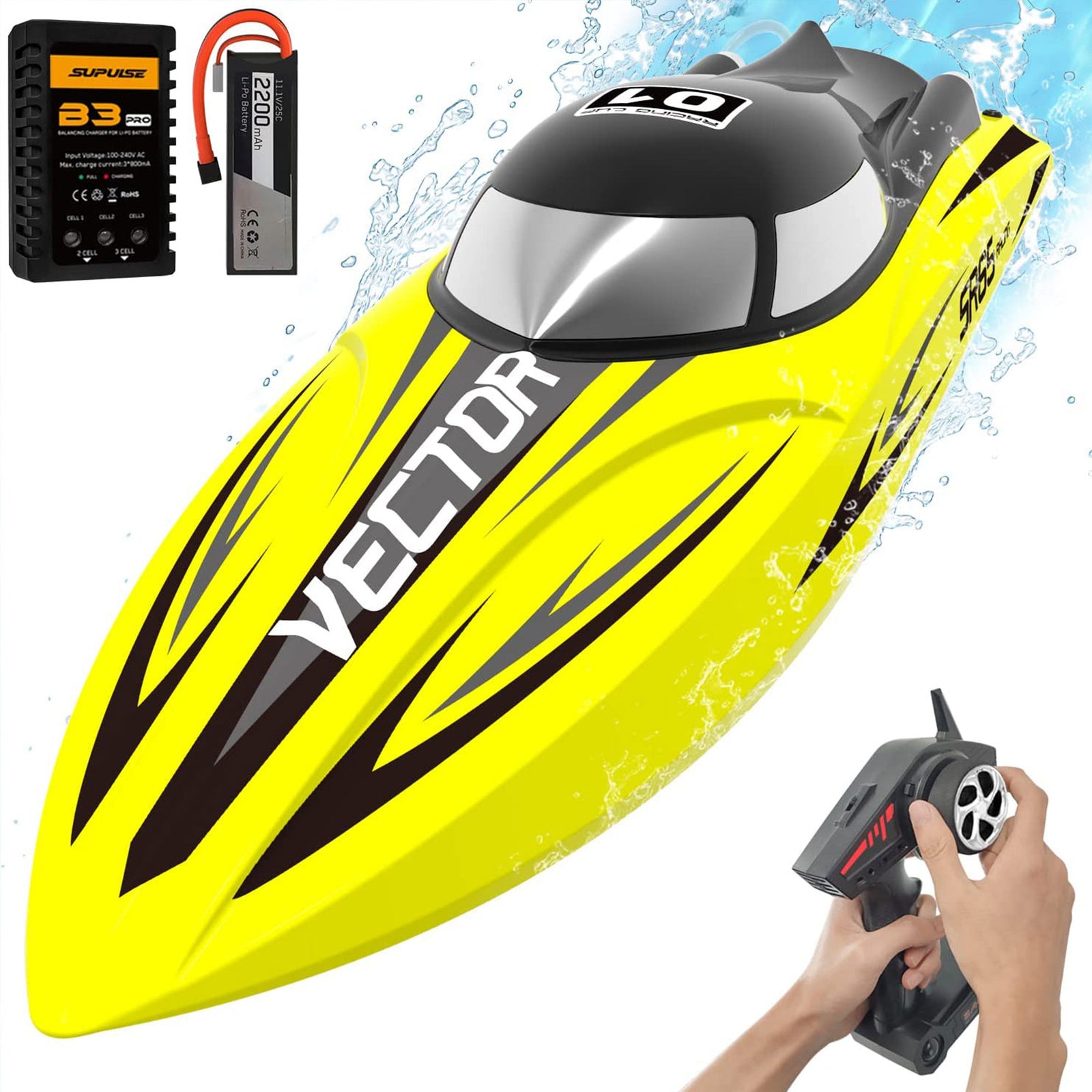 VOLANTEXRC Vector SR65 37MPH Remote Control Outdoor Electric Racing Boat, Yellow - VMInnovations