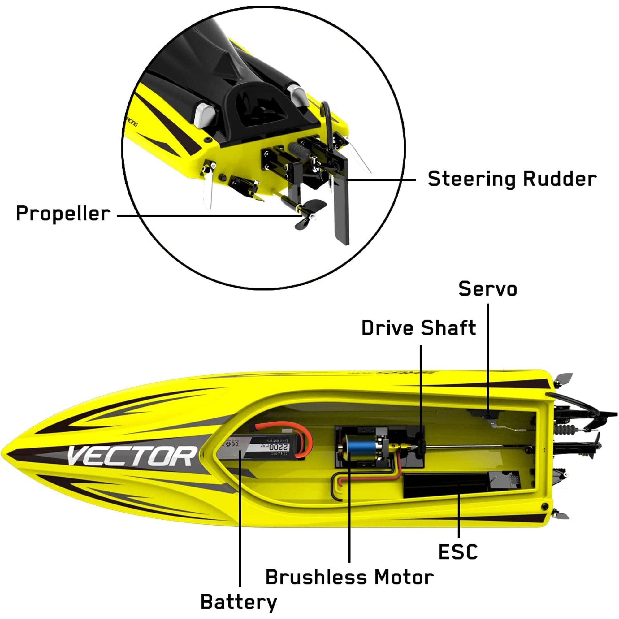 VOLANTEXRC Vector SR65 37MPH Remote Control Outdoor Electric Racing Boat, Yellow - VMInnovations