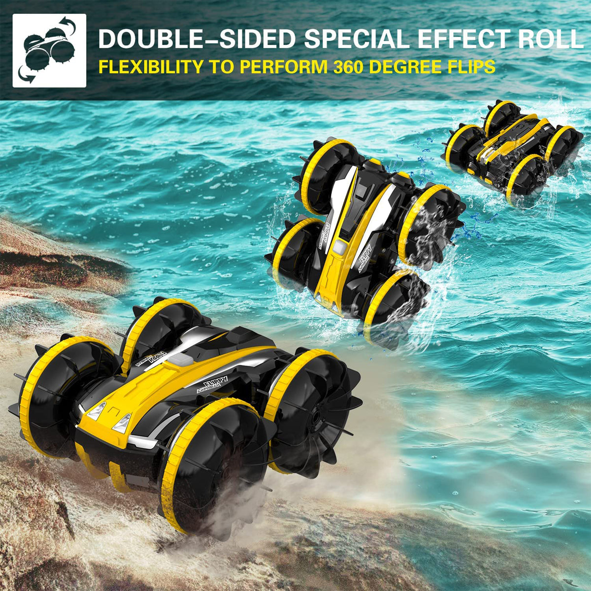 VOLANTEXRC Amphibious Reversible All Terrain Remote Control Stunt Car, Yellow