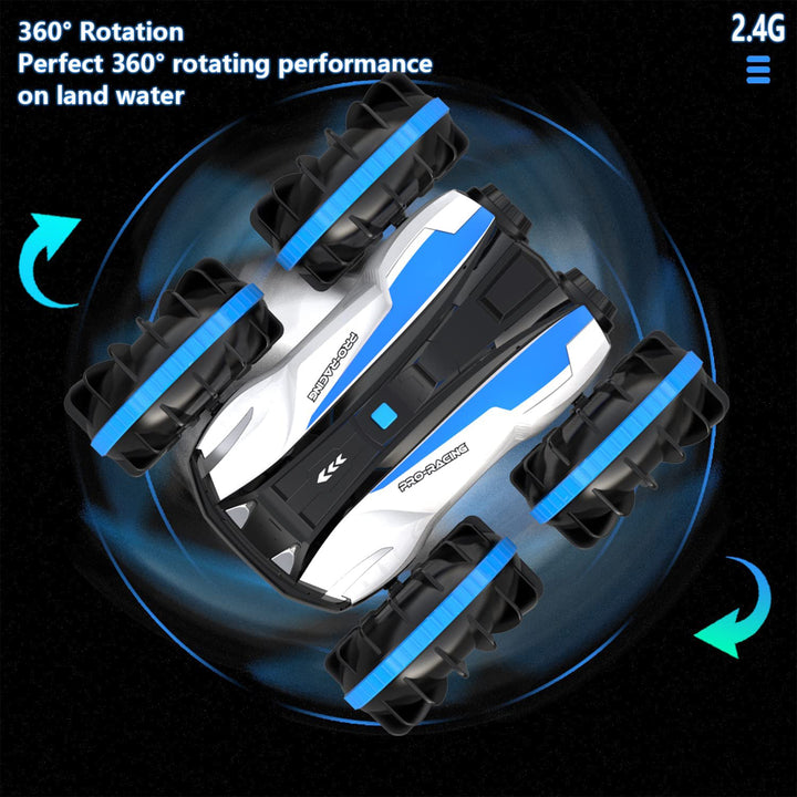 Amphibious Reversible All Terrain Remote Control Stunt Car, Blue (Open Box)