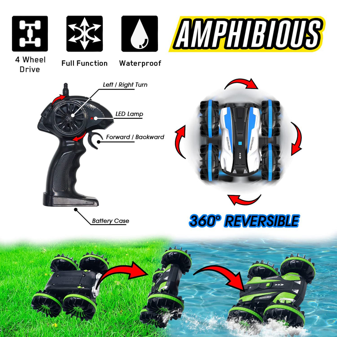 Amphibious Reversible All Terrain Remote Control Stunt Car, Blue (Open Box)