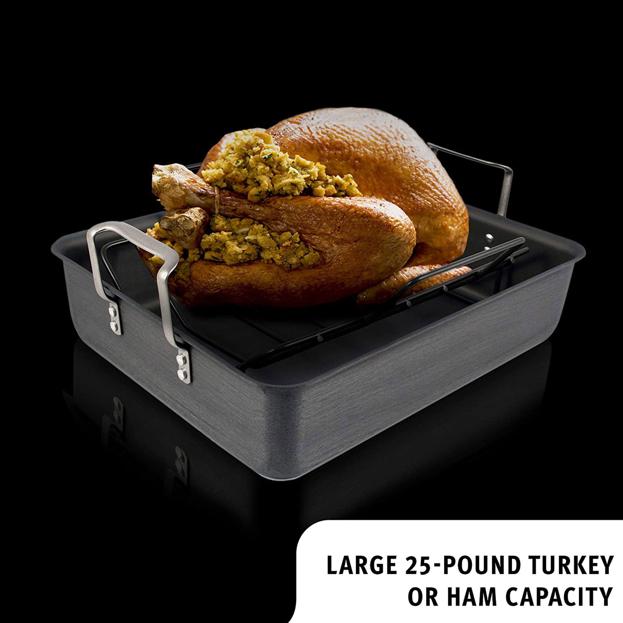 Calphalon 16 Inch Medium Gauge Contemporary Nonstick Roaster Pan w/ Rack, Black