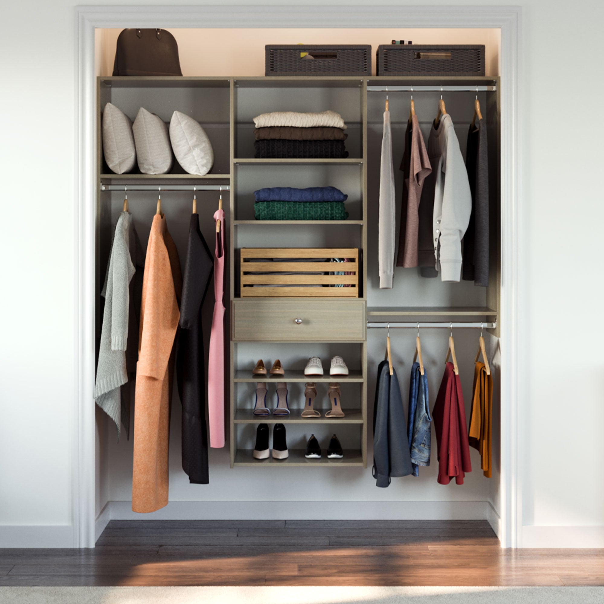 Easy Track 6 Foot Perfect Fit Reach In Bedroom Closet Storage, Weathered Grey