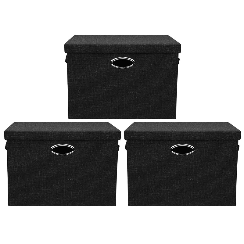 17 x 12 Inch Collapsible Fabric Storage Bins with Lids, Black (3 Pack) (Used)