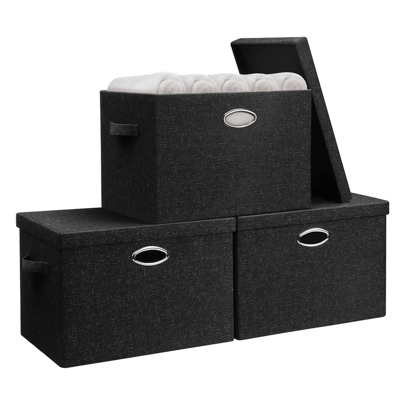 17 x 12 Inch Collapsible Fabric Storage Bins with Lids, Black (3 Pack) (Used)