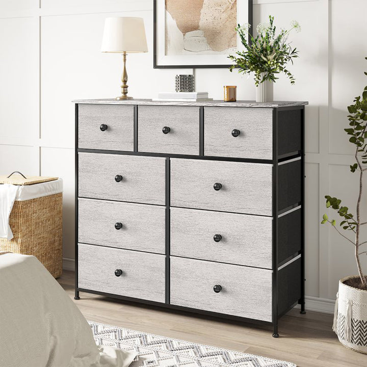 9 Drawer Steel Frame Bedroom Storage Organizer Chest Dresser, Dark Taupe (Used)