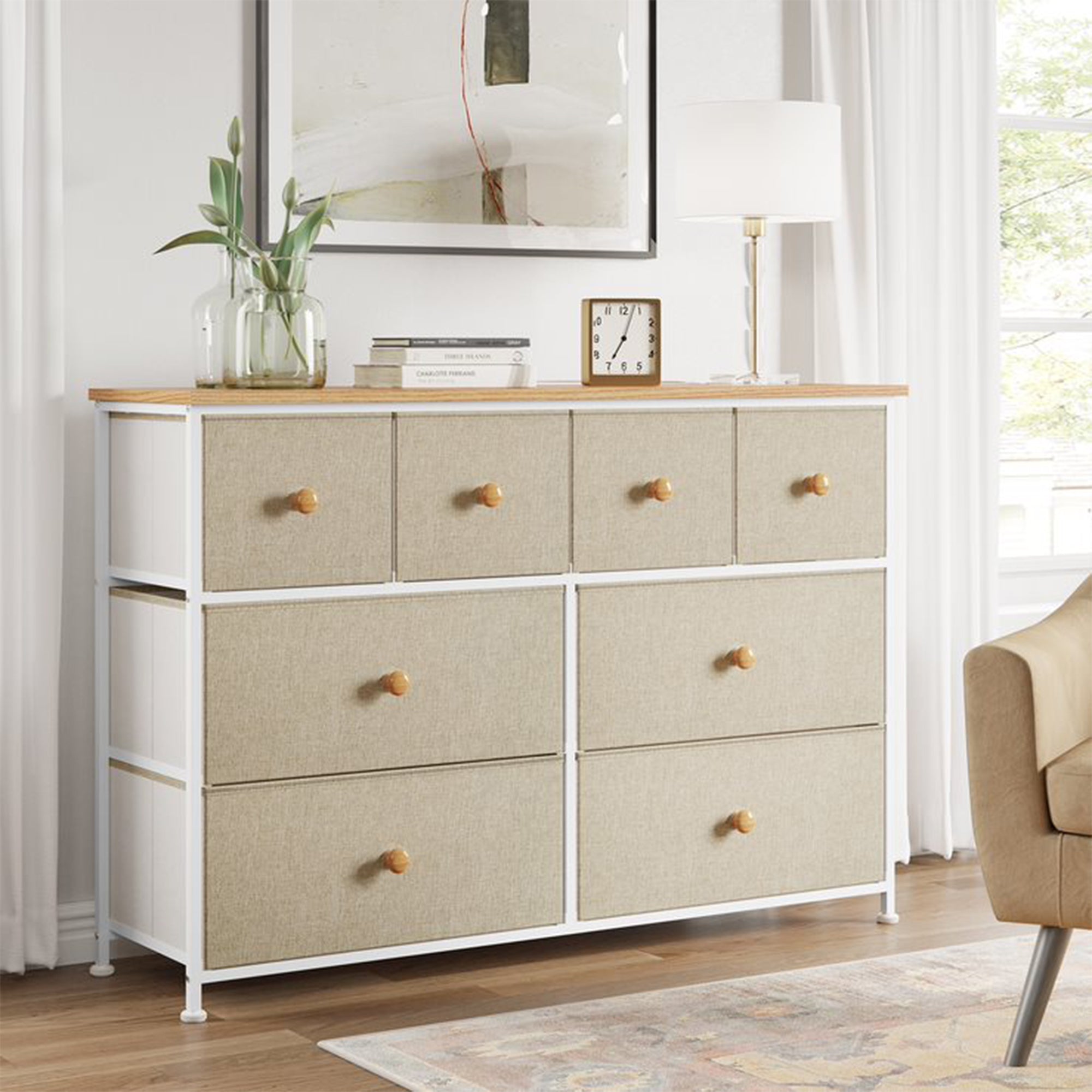 8 Drawer Steel Frame Bedroom Storage Organizer Chest Dresser, Taupe (Open Box) - VMInnovations