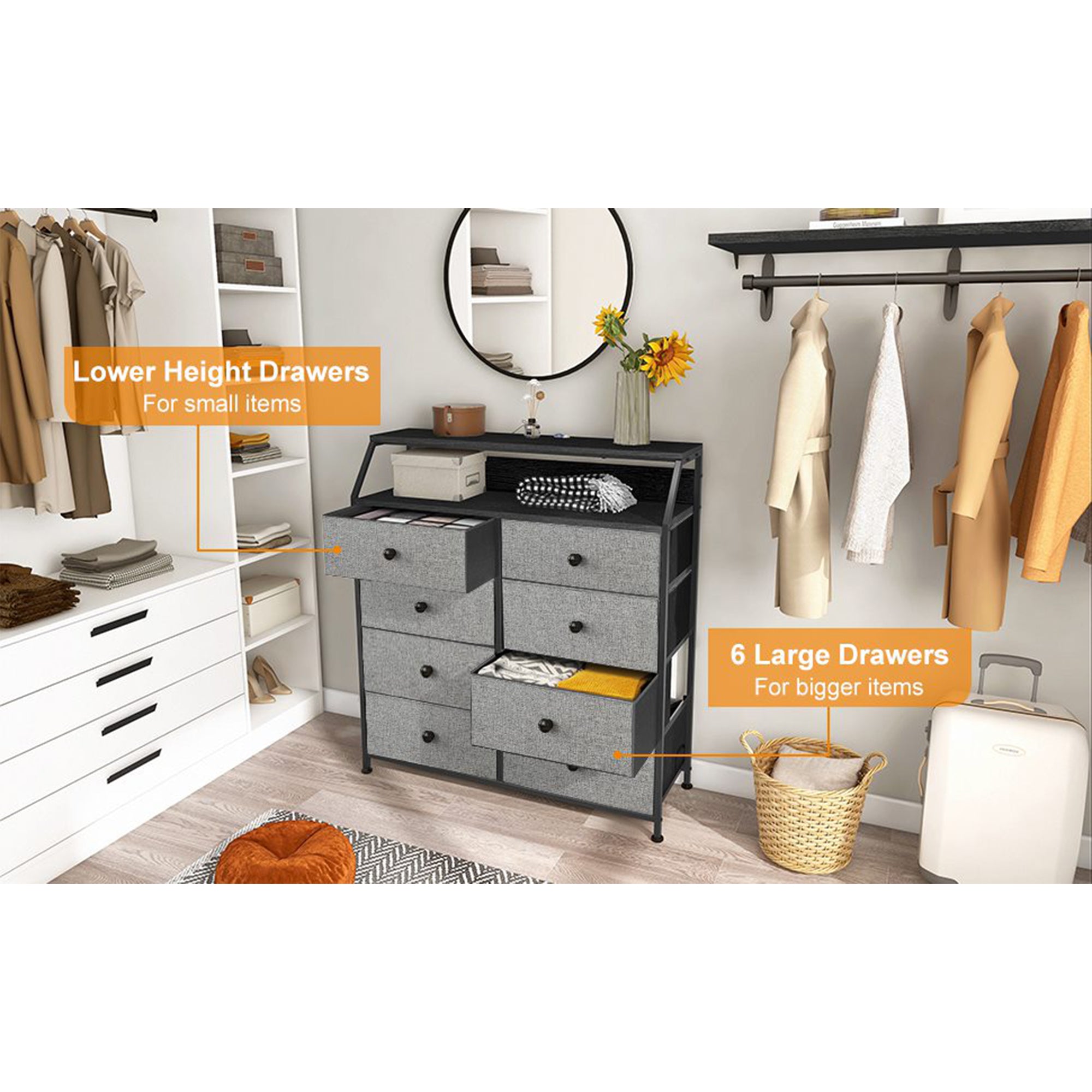 REAHOME 8 Drawer Wood Top Dresser w/ 2 Drawer Organizers, Light Grey (Used) - VMInnovations