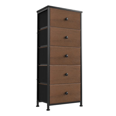 Vertical Narrow Metal Tower Dresser w/ 5 Fabric Drawer Bins, Espresso(For Parts)