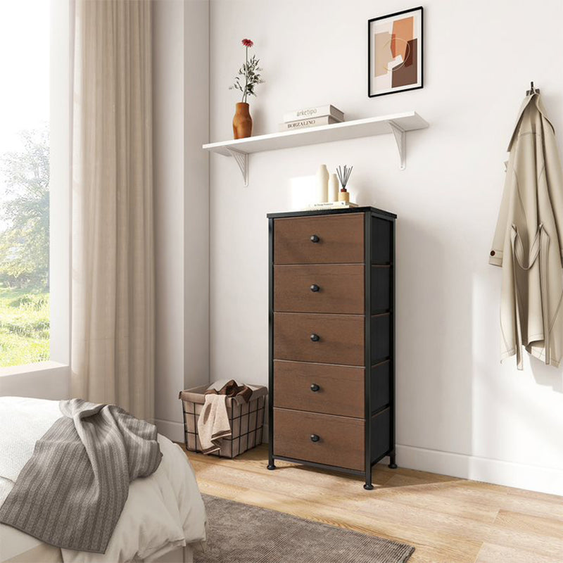 Vertical Narrow Metal Tower Dresser w/ 5 Fabric Drawer Bins, Espresso (Open Box)