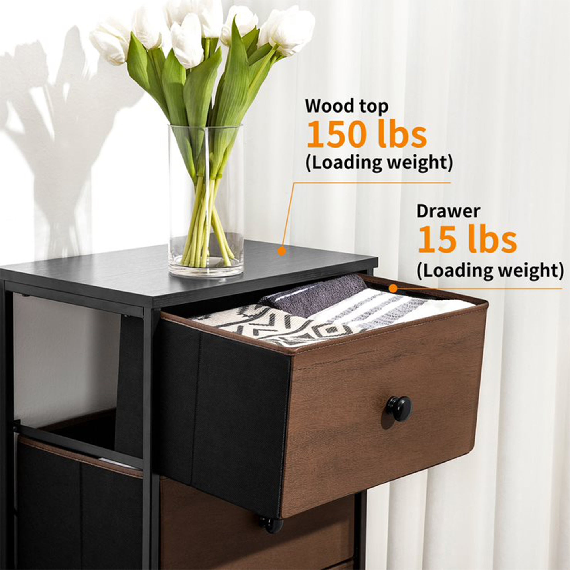 Vertical Narrow Metal Tower Dresser w/ 5 Fabric Drawer Bins, Espresso (Open Box) - VMInnovations